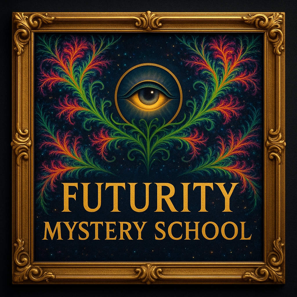 Futurity-Mystery-School with all seeing eye surrounded by fractal vines in an antique frame